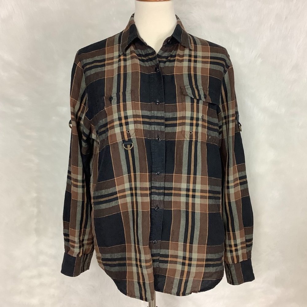 Lauren Ralph Lauren Black & Brown Plaid Linen Long Sleeve Button Front Shirt L